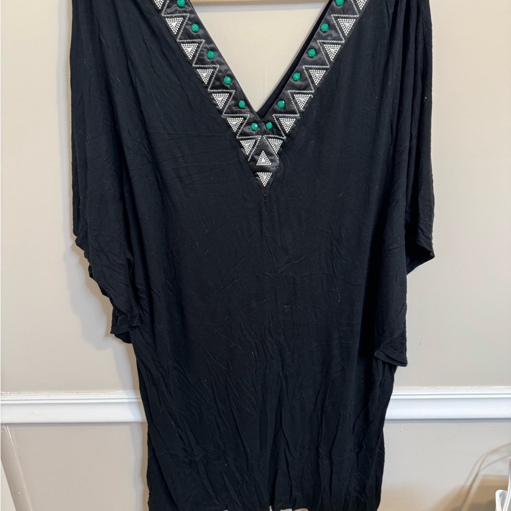 Black V-Neck Swim Coverup with Embellished Trim